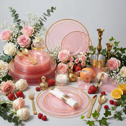 WELLIFE 350-Piece Gold Disposable Plates and Cutlery Set - Premium 10.25" Dinner Plates, 7.5" Dessert Plates, 9oz Cups & Cutlery for Weddings, Catering Events - 50 Guest Service - Elegant & Sturdy