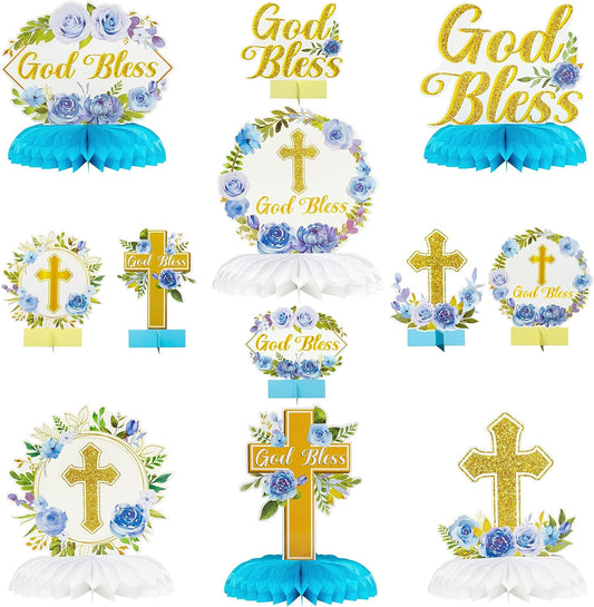 ANGOLIO White Gold Floral Honeycomb Centerpieces - 12Pcs Cross Rose Greenery God Bless Baptism Party Decoration Baby Shower First Communion Birthday Party Supplies for Boy Girl 3D Wedding Table Topper