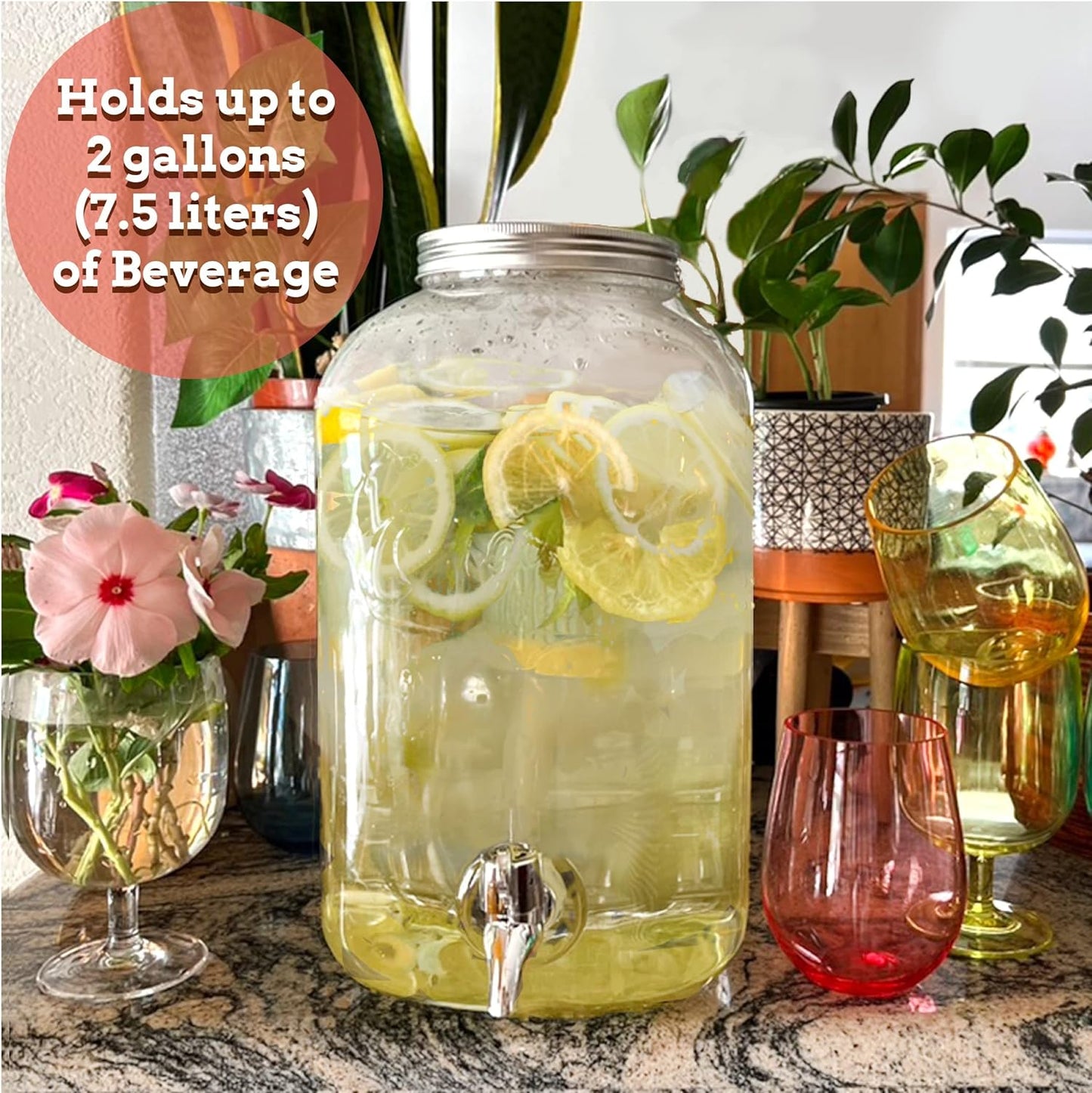 Lily's Home - 2 Gallon Beverage Dispenser with Lid and Spigot (Set of 2), BPA Free, Plastic Drink Dispenser for Water, Iced Tea, Juice, Lemonade - Party, Wedding, Event & Lemonade Stand Essentials