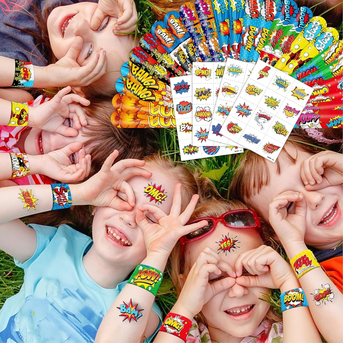 Cherisnowy 72PCS Hero Party Set - 48PCS Temporary Tattoos & 24PCS Slap Bracelets - Themed Pow Birthday Supplies, Baby Shower Gifts, Classroom Rewards & Party Decor for Kids