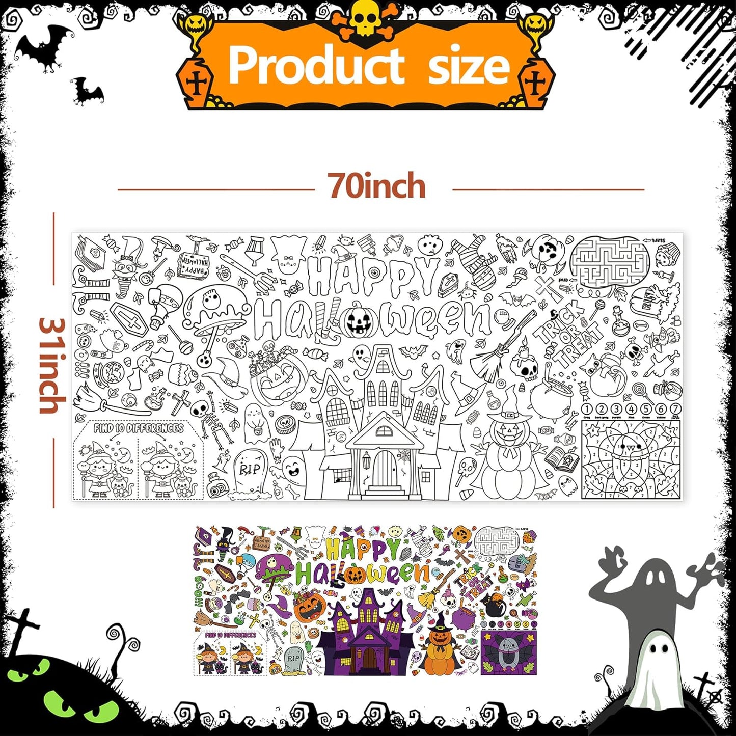 Easter Coloring Poster for Kids 30x72 Inch Bunny Giant Coloring Tablecloth Happy Easter Crafts Paper Table Cover for Gifts Activities Games Classroom Wall School Home Parties