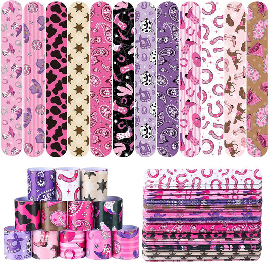 Junkin 48 Pcs Western Cowgirl Party Favors Birthday Decorations Pink Disco Cowgirl Slap Bracelets Kids Horse Birthday Party Goodie Bags Stuffers for Western Girls Theme Rodeo Bachelorette Prizes