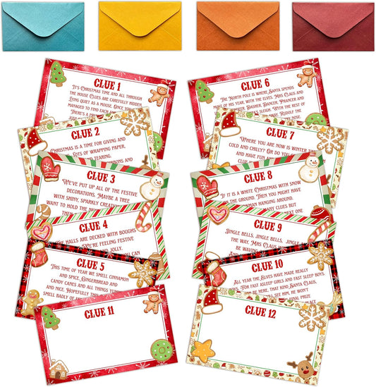 Christmas Party Treasure Clue Hunt Games, Merry Christmas Party Decor Favors, Xmas Scavenger Riddle Hunt Games, Winner Holiday Activities For Friends Family, 12 Cards With Colorful Envelopes,01