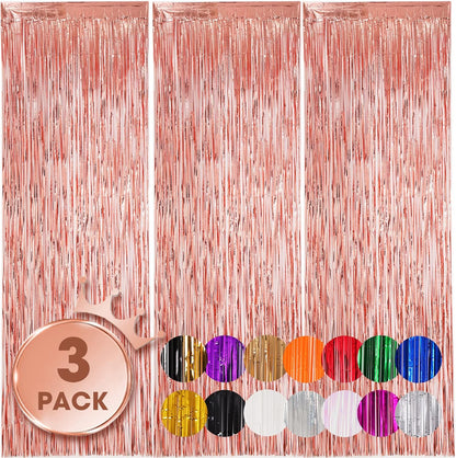 Voircoloria 3 Pack 3.3x8.2 Feet Gold Foil Fringe Backdrop Curtains, Tinsel Streamers, Fringe Backdrop for 2025 New Years Eve, Graduation, Birthday, Baby Shower, Gender Reveal, Disco Party - Colors B