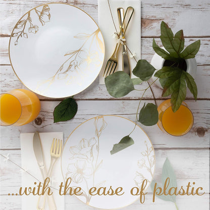PLASTICPRO [16 OZ 20 Count] White Plastic Floral Design Party Soup bowls With Gold Rim Premium heavyweight Elegant Disposable Tableware Dishes
