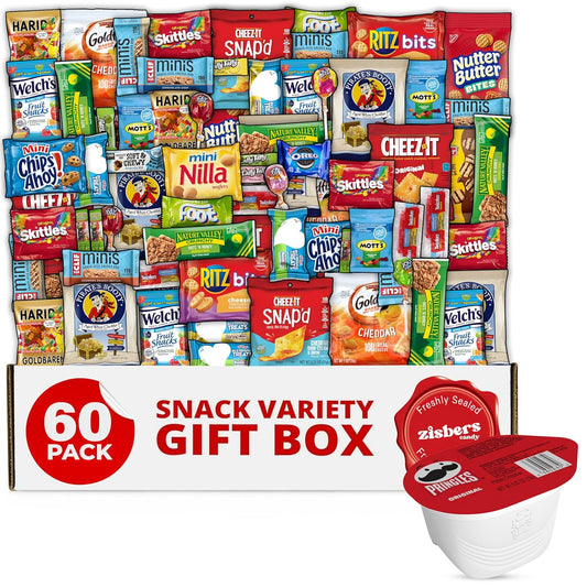 Snack Box Care Package Gift Box - Large Variety Snack, Candy & Treats for College Students, Adults, Kids, and Office Treats - 60 Count
