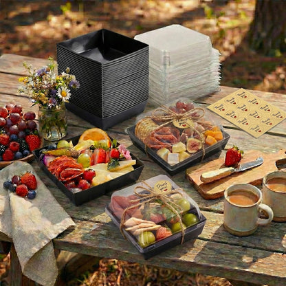 Leafiew 50 Pack Small Charcuterie Boxes with Clear Lids - To Go Paper Mini Charcuterie Box, Disposable Food Containers, 5Inch Dessert Boxes - Sandwich, Cookie, Sushi, Cake Slice, Strawberries (Brown)