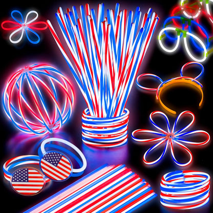 JOYIN 120 Pcs 4th of July Glow Sticks Bulk, 8” Red White Blue Striped Lightup Sticks with Connectors, Glow in the Dark Headband Bracelet Necklace for Independence Day Party Favor Accessory Supply