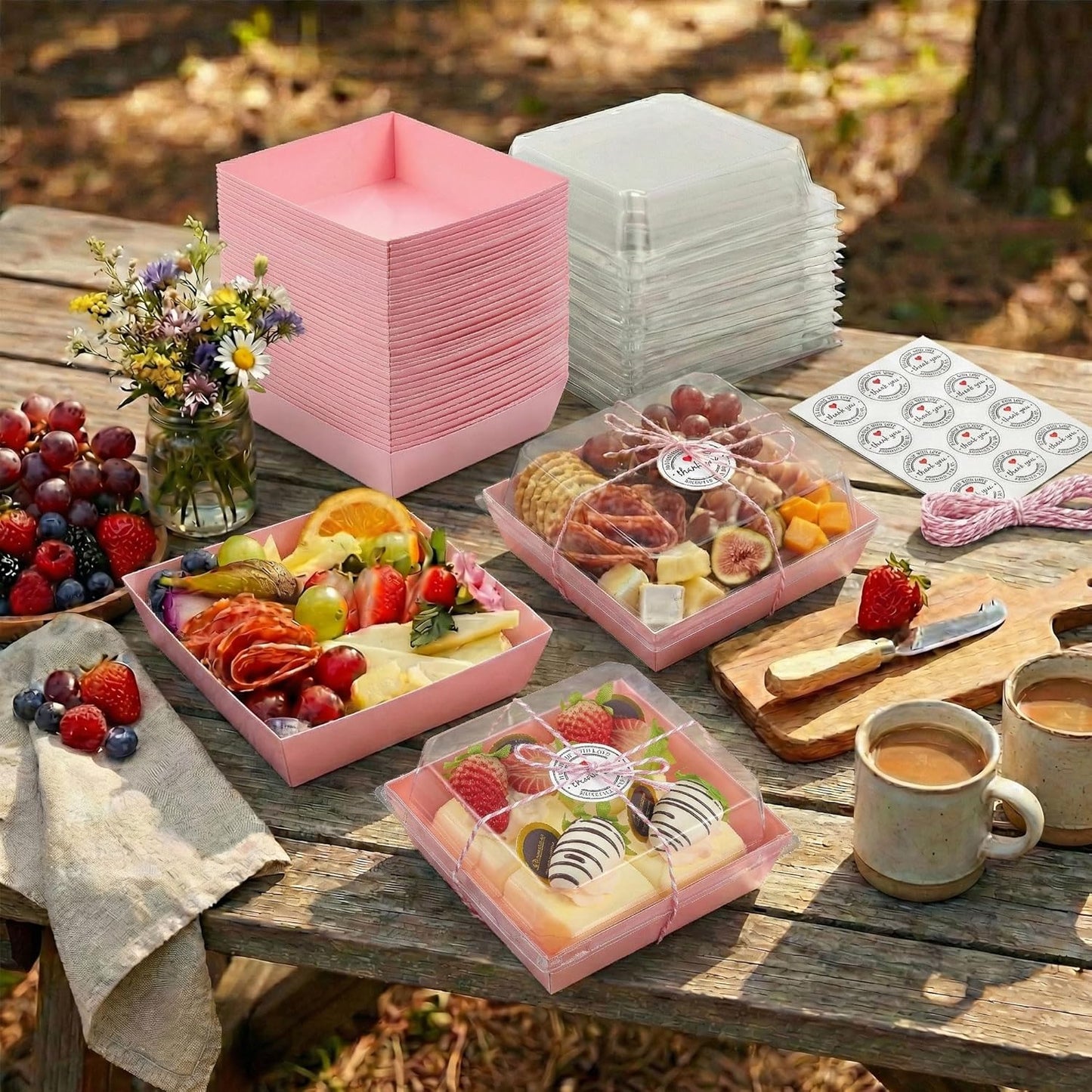 Leafiew 50 Pack Small Charcuterie Boxes with Clear Lids - To Go Paper Mini Charcuterie Box, Disposable Food Containers, 5Inch Dessert Boxes - Sandwich, Cookie, Sushi, Cake Slice, Strawberries (Brown)