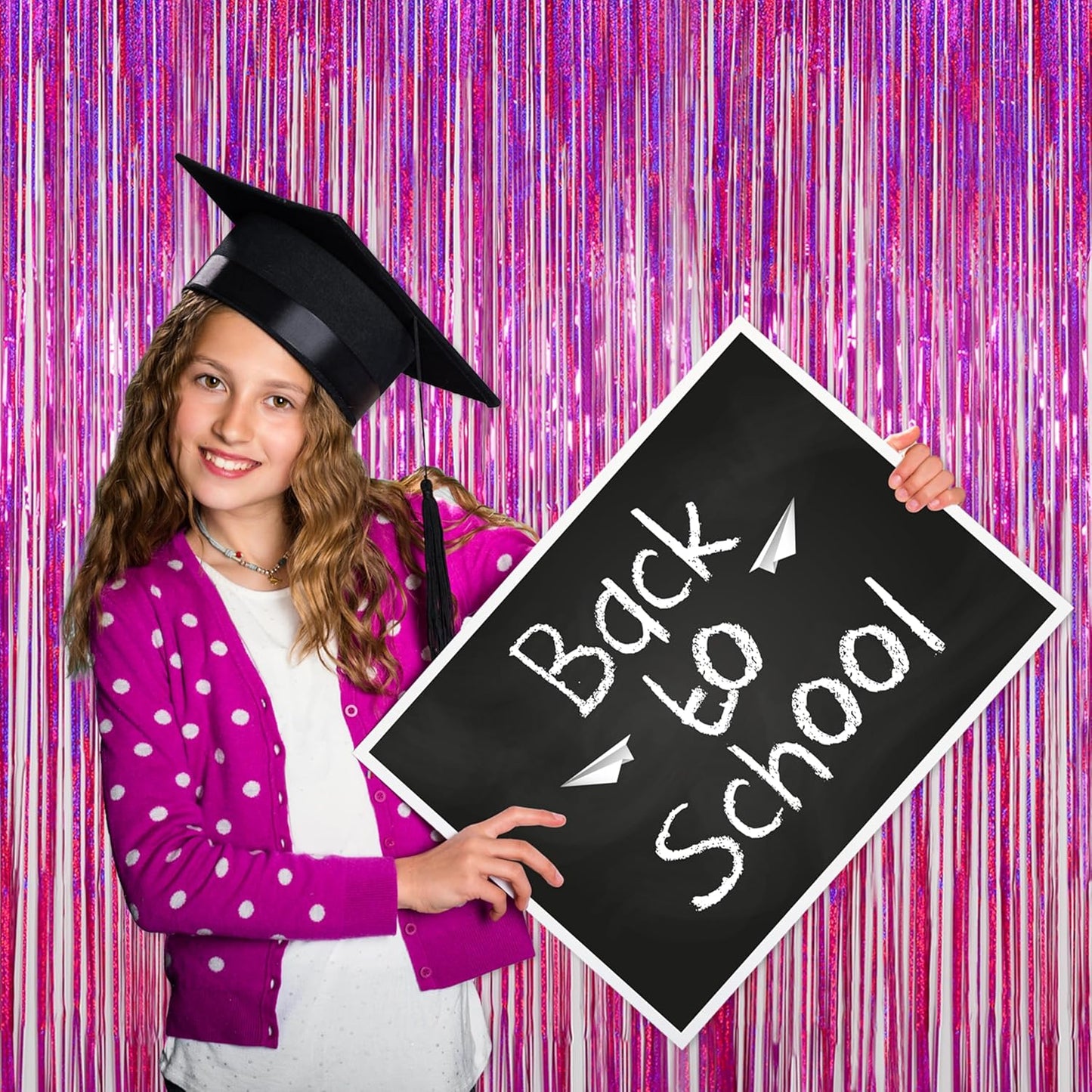 Melsan 2 Pack 3.2 ft x 8.2 ft Tinsel Foil Fringe Curtains Backdrop, Sparkle Metallic Foil Curtains for Party Photo Booth Props Decoration, Pinkish Purple