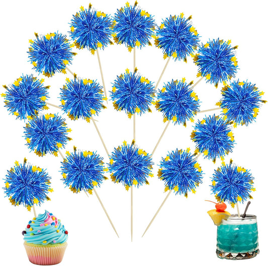 Ephlyn 30Pcs Foil Firework Cupcake Toppers Sparkle Tinsel Cupcake Picks Drink Stirrers Cocktail Food Fruit Toothpicks for Baby Shower Graduation Party Supplies White