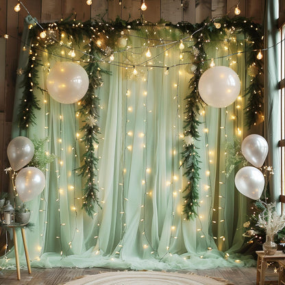 Fomcet Tulle Backdrop Curtains with Lights String White 10FT X 8FT Sheer Curtain with Lights Tulle Curtains Backdrop for Wedding Birthday Party Baby Shower Photo Shoot (2 Panels 5x8FT)
