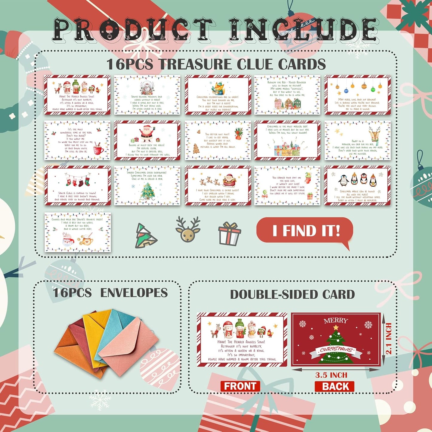 Christmas Treasure Hunt Clue Game, Christmas Games Santa Scavenger Hunt Cards, Indoor Outdoor Holiday Party Supplies, 16 Cards with Colorful Envelopes, 05