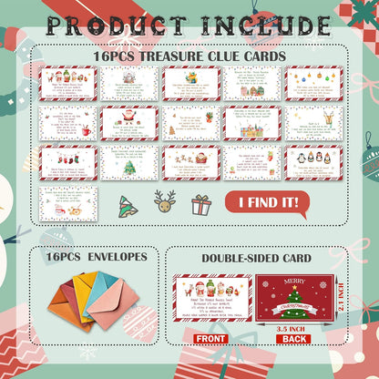 Christmas Treasure Hunt Clue Game, Christmas Games Santa Scavenger Hunt Cards, Indoor Outdoor Holiday Party Supplies, 16 Cards with Colorful Envelopes, 05