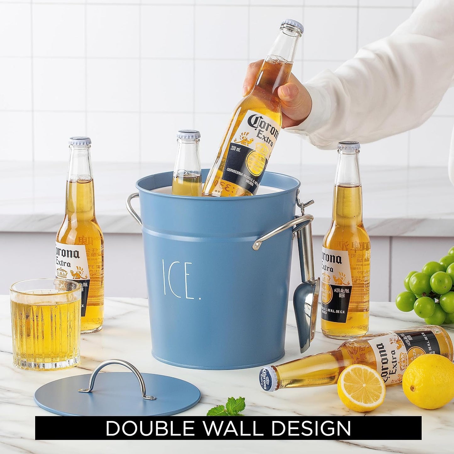 Rae Dunn Ice Bucket with Scoop - Stainless Steel Bucket with Handle, Lid and Ice Scooper - 4 Qt. Storage Bin for Ice Cubes for Bars, Parties, Backyard Barbeques, Picnics, and Camping (Sage)