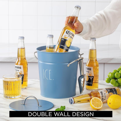 Rae Dunn Ice Bucket with Scoop - Stainless Steel Bucket with Handle, Lid and Ice Scooper - 4 Qt. Storage Bin for Ice Cubes for Bars, Parties, Backyard Barbeques, Picnics, and Camping (Sage)