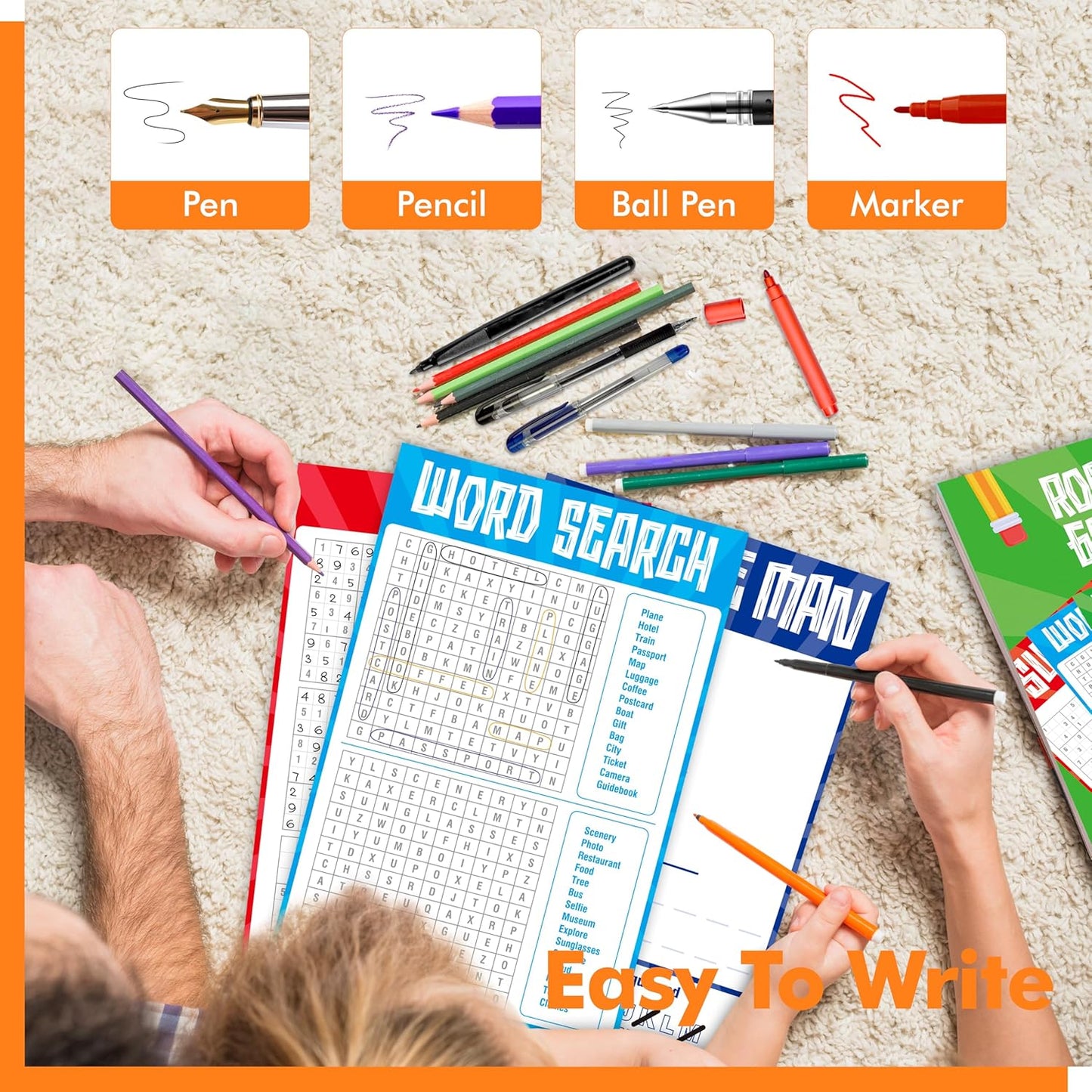 Road Trip Game Pad, 5 Games in 1 (Farm Animals, Car Colors, Buildings, Traffic Signs, Vehicles Scavenger Hunt Bingo), Pen Pencil Paper Game, Plane Trip/ Car Travel/Getaway Activity Pad for Kid, Adult