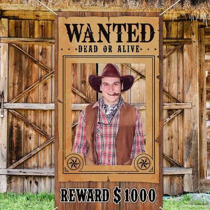 West Wanted Photo Booth Prop Selfie Frames Western Cowboy Party Decorations Rodeo Backdrop Photoshoot and Wanted Photo Booth for Wild Western Cowboy Cowgirl Rustic Party Supplies