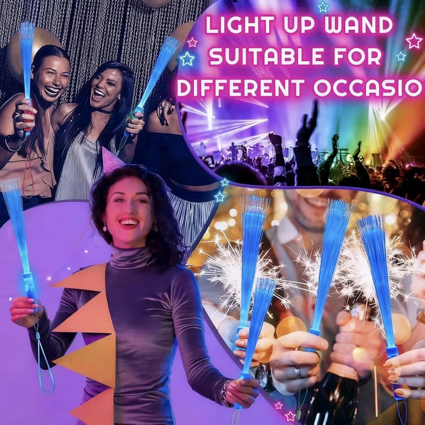 Skylety 36 Pcs Fiber Optic Wand, LED Fiber Optic Wand with 3 Light Modes, Glow Fibers Optics Sticks for Wedding Neon Party, New Year Party Favors, Bar Dj, Valentine's Day(Bright Color)