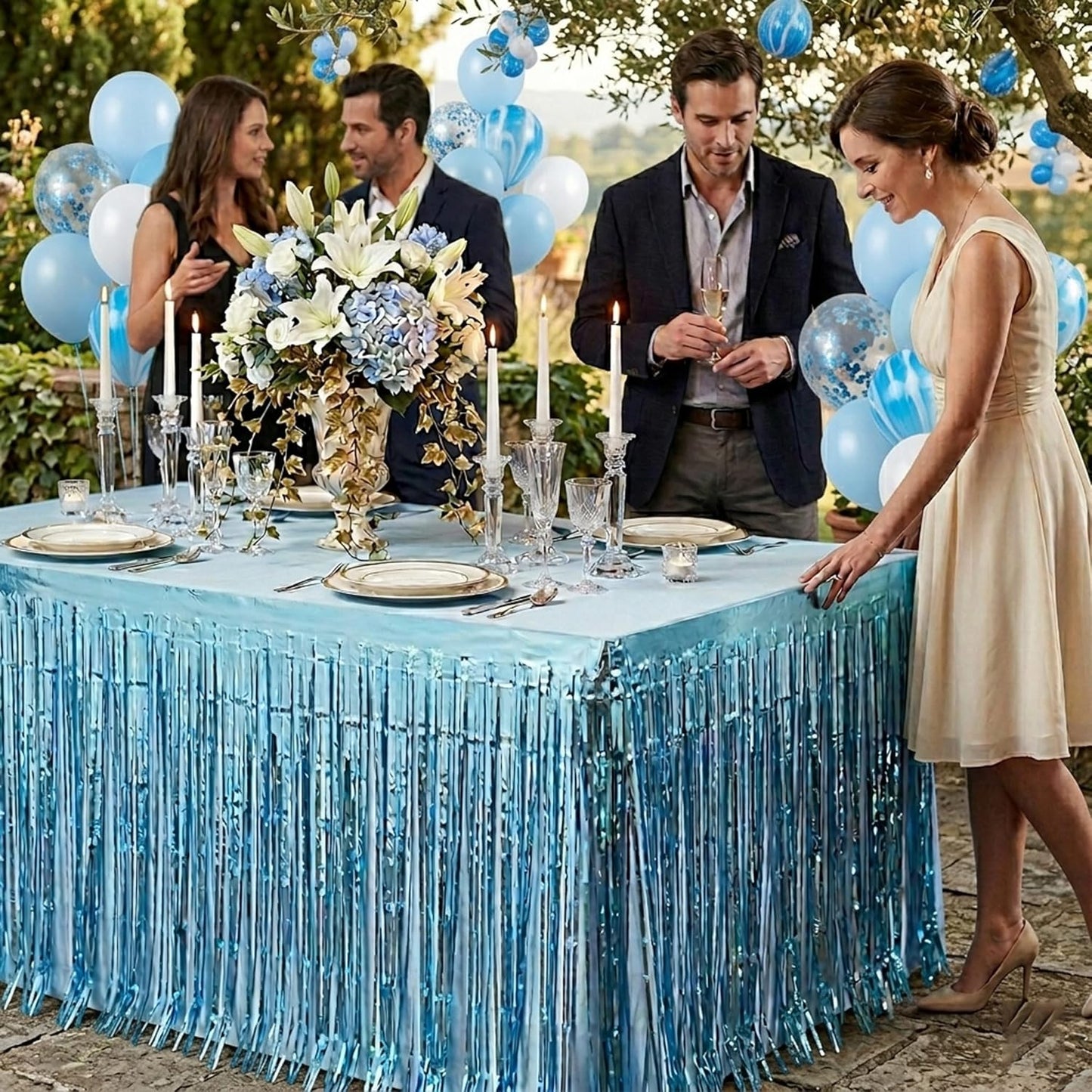 Blue Streamers Party Decorations, 2 Packs Blue Table Skirts Metallic Foil Fringe Tinsel for Birthday Under the Sea Boy Baby Shower Float Parade Mardi Gras Graduation Party Supplies -29x108Inch