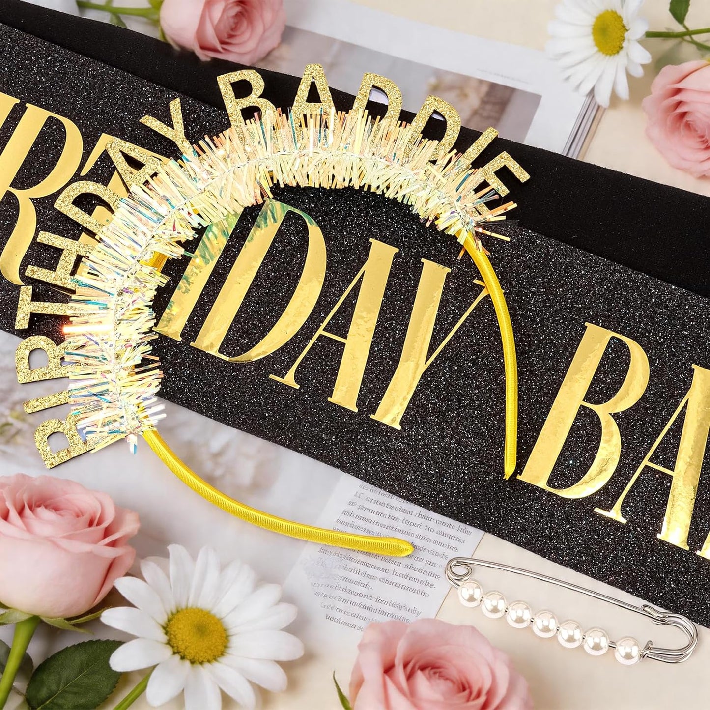Chanaco Birthday Sash and Headband For Women Birthday Girl Sash Party Decorations Gold and Black Crown Outfit Baddie Accessories Trendy Gifts Dress
