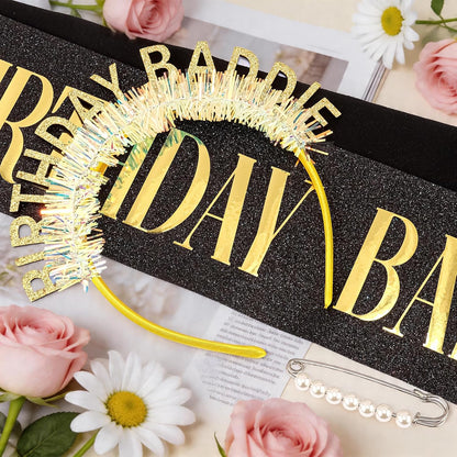 Chanaco Birthday Sash and Headband For Women Birthday Girl Sash Party Decorations Gold and Black Crown Outfit Baddie Accessories Trendy Gifts Dress
