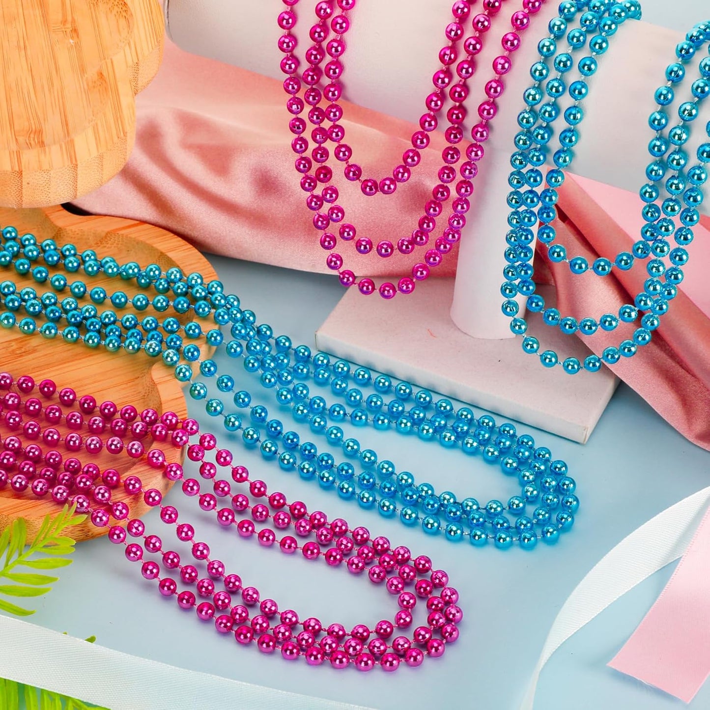 EOBOH 144PCS Mardi Gras Beads, Metallic 12 Kinds Bead Necklace Party Supplies, 33" Mardi Gras Necklace Costume Stuff, Festival Parade Throw Accessories for Wedding Birthday Celebrations Decorations