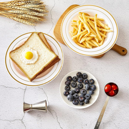 N9R 30PCS Disposable Plastic Bowls with Gold Rim, 12 oz Fancy White Plastic Bowls, Premium Dessert Salad Bowls Perfect for Party, Wedding and Everyday Use