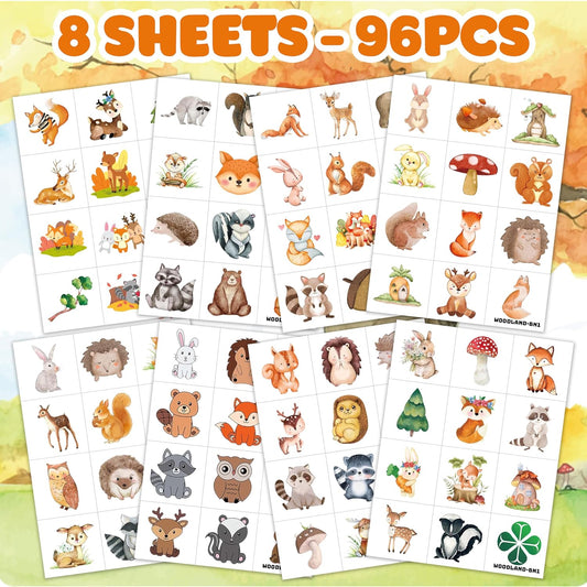 96PCS Woodland Animal Temporary Tattoos Stickers Pre-Cut – 1st Birthday Party Favors, Decorations, Supplies - Forest Animal & Camo Pre-Cut Designs for Kids Boys Girls Adults Camping Adventures Gifts