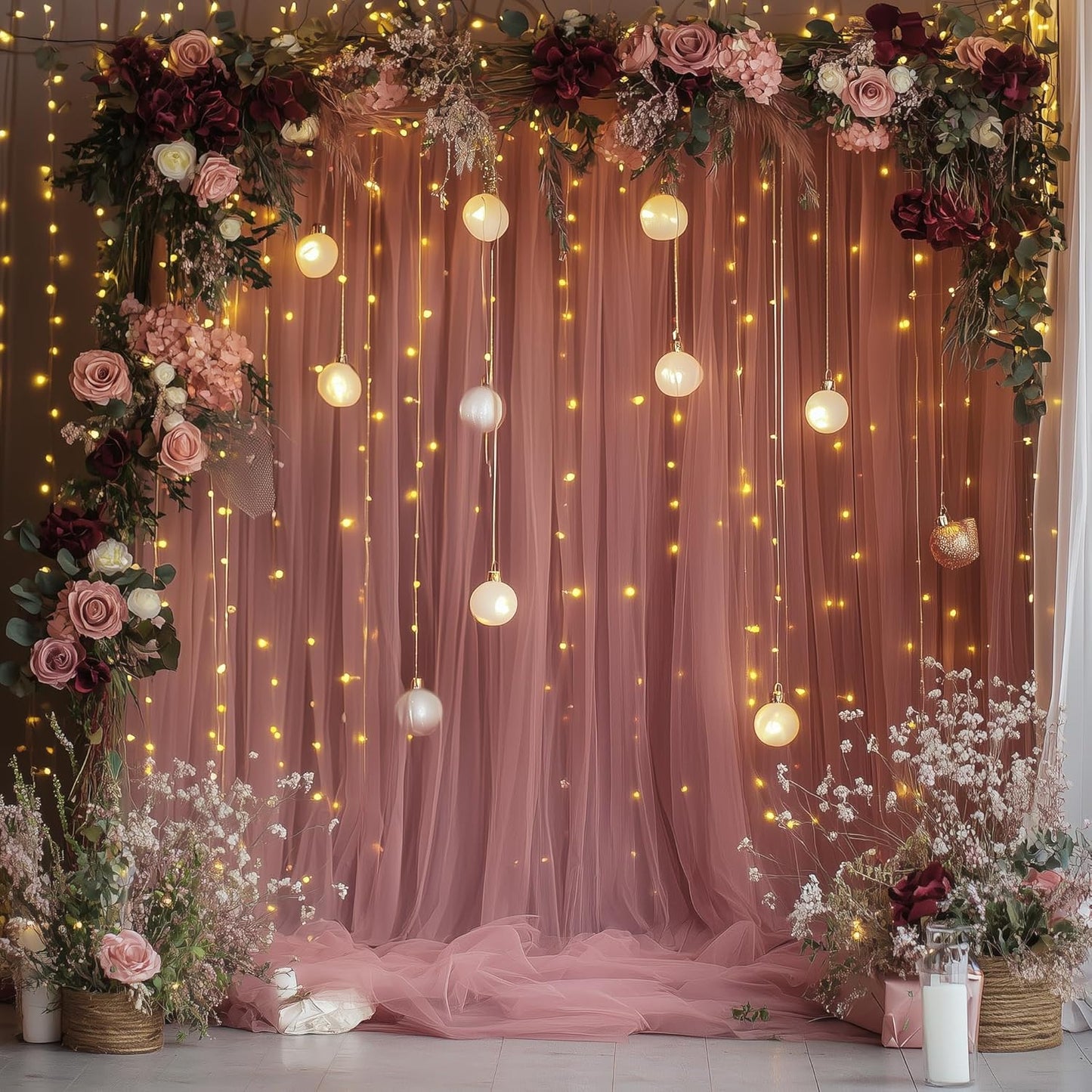 Fomcet Tulle Backdrop Curtains with Lights String White 10FT X 8FT Sheer Curtain with Lights Tulle Curtains Backdrop for Wedding Birthday Party Baby Shower Photo Shoot (2 Panels 5x8FT)