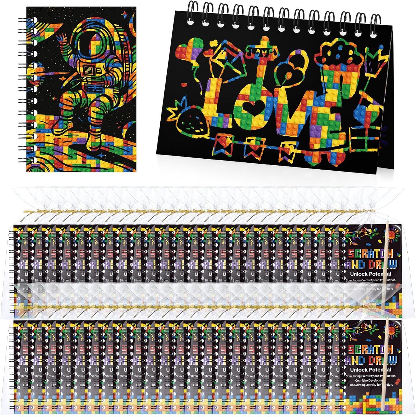 Pasimy 24 Set Scratch Art Party Favor Gifts Building Block Scratch Notebook Bulk Paper Craft for Classroom Prizes Goodie Bag Stuffer Christmas Birthday Party Favor