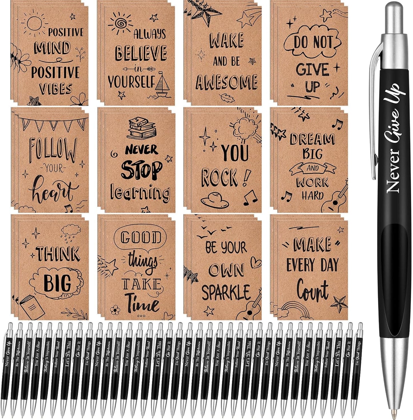 Yeaqee 72 Pcs Motivational Pens Notepads Gifts Set Inspirational Quote Ballpoint Pen Small Notebook Mini Journal Bulk Present Idea for Teacher Coworker Gifts Women Office School(Inspiring)