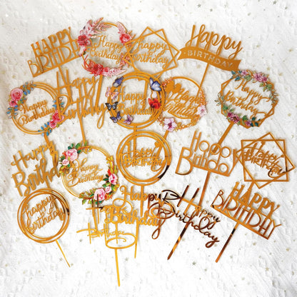 32 PCS Gold Happy Birthday Cake Toppers Flower Acrylic Birthday Cake Topper Cake Pick Decorations (Gold)