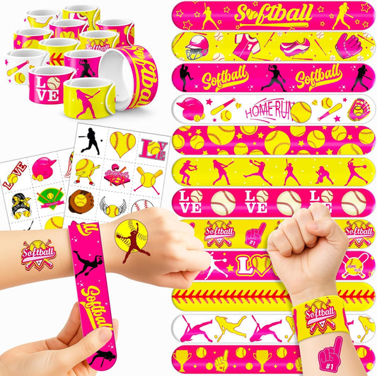 Cherisnowy 72PCS Softball Party Set 48PCS Temporary Tattoos & 24PCS Slap Bracelets Sports-Themed Birthday Supplies, Baby Shower Gifts, Classroom Rewards & Party Decor for Kids Boys Girls