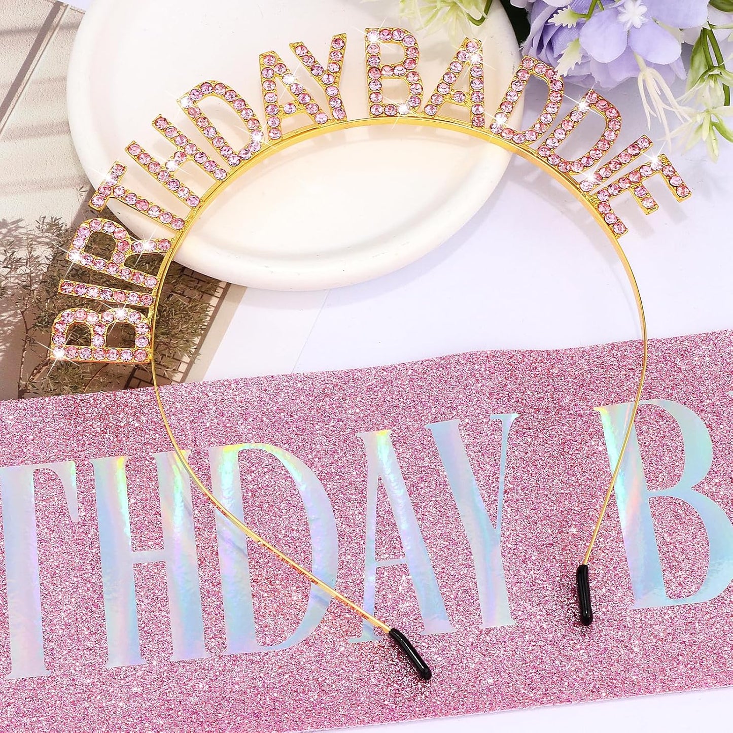Aprince Birthday Baddie Sash and Tiara Crown for Women Girls Black Gold Happy Birthday Headband Accessiores Party Decorations