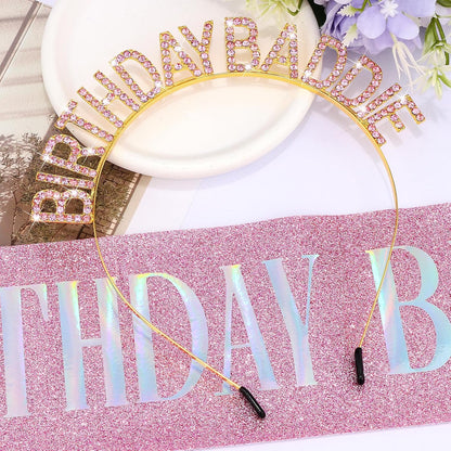 Aprince Birthday Baddie Sash and Tiara Crown for Women Girls Black Gold Happy Birthday Headband Accessiores Party Decorations