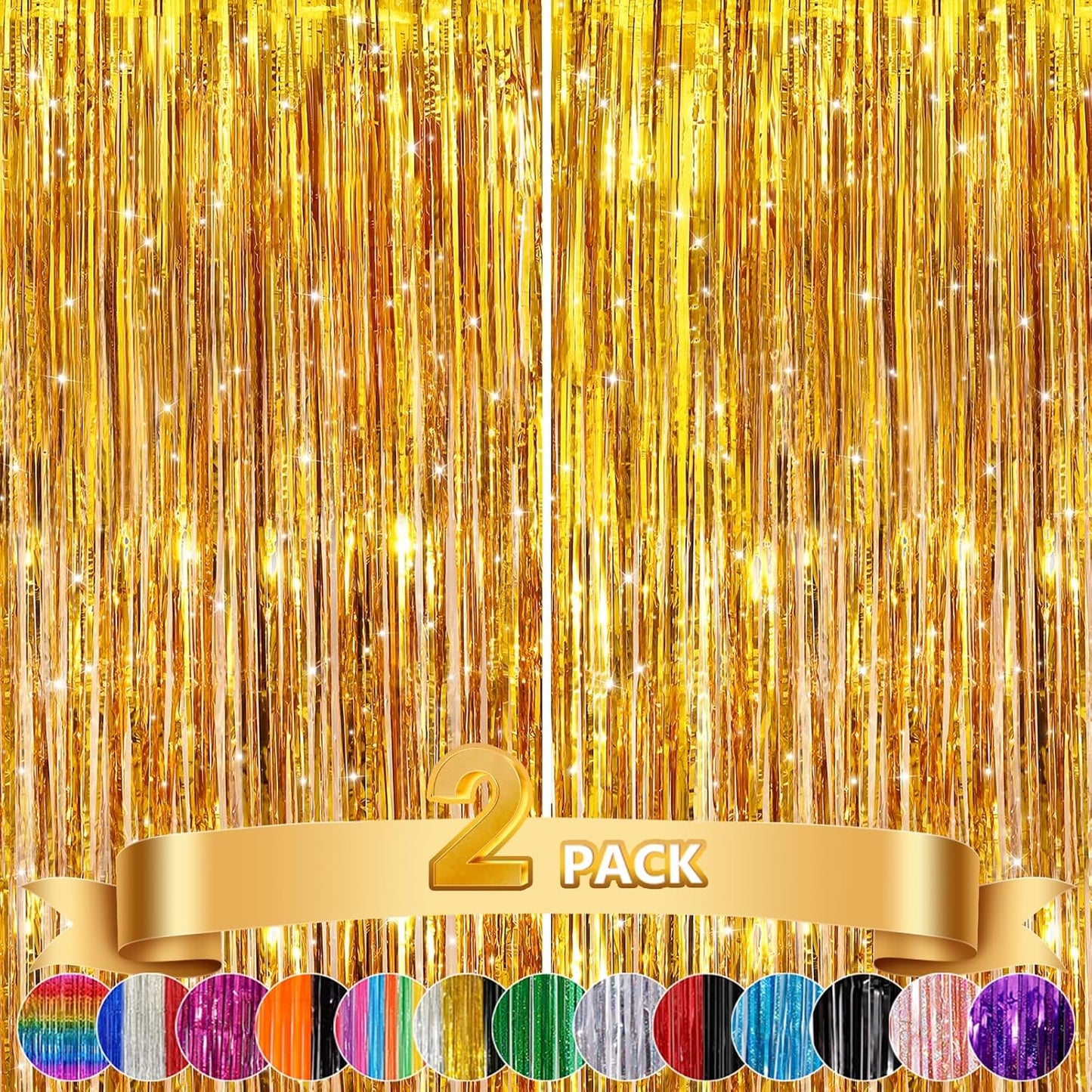 GCB 2Pack Black Metallic Tinsel Foil Fringe Curtains, Black Foil Curtain Backdrop, Photo Booth Props for Birthday Wedding Baby Shower Bachelorette Xmas Celebration Party Decorations Door Streamers