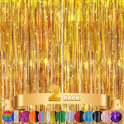 GCB 2Pack Black Metallic Tinsel Foil Fringe Curtains, Black Foil Curtain Backdrop, Photo Booth Props for Birthday Wedding Baby Shower Bachelorette Xmas Celebration Party Decorations Door Streamers