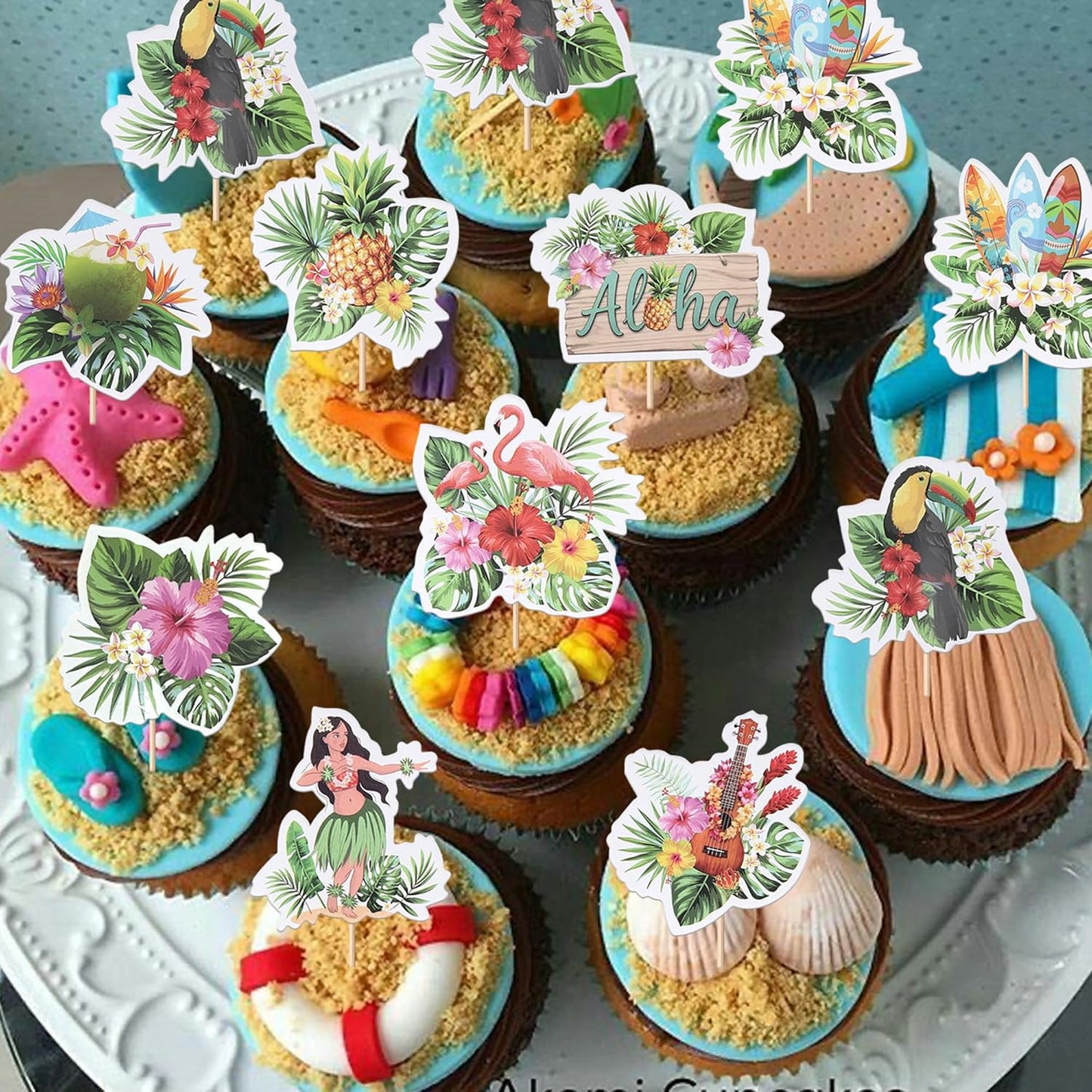 28 PCS Tropical Cupcake Toppers Glitter Leaf Pineapple Flower Palm Tree Flamingo Cupcake Picks Aloha Cake Decorations for Summer Hawaiian Luau Theme Baby Shower Birthday Wedding Party Supplies