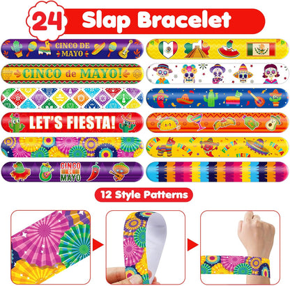 Cherisnowy 72PCS Cinco de Mayo Party Favor Set - 48PCS Temporary Pre-cut Tattoos & 24PCS Slap Bracelets - Mexican Fiesta Birthday Supplies, Baby Shower Gifts, Classroom Rewards & Party Decor for Kids