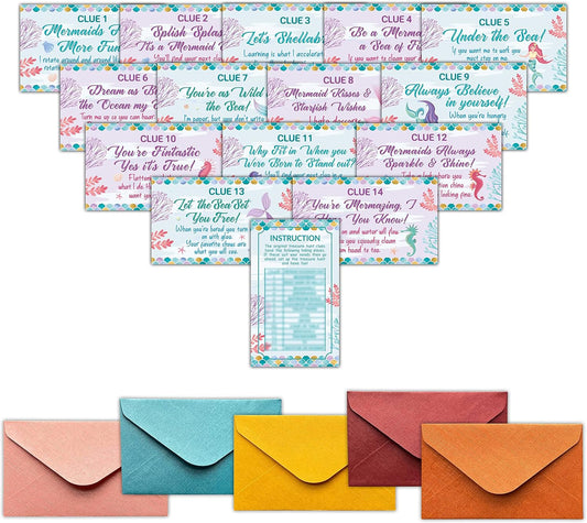 Mermaid Treasure Hunt Clues Cards, Mermaid Party Scavenger Hunt Card Game(15 Cards With Envelopes), Ocean Themed Birthday Party Supplies Activities for Kids Adults, Under the Sea Party Decor(02)