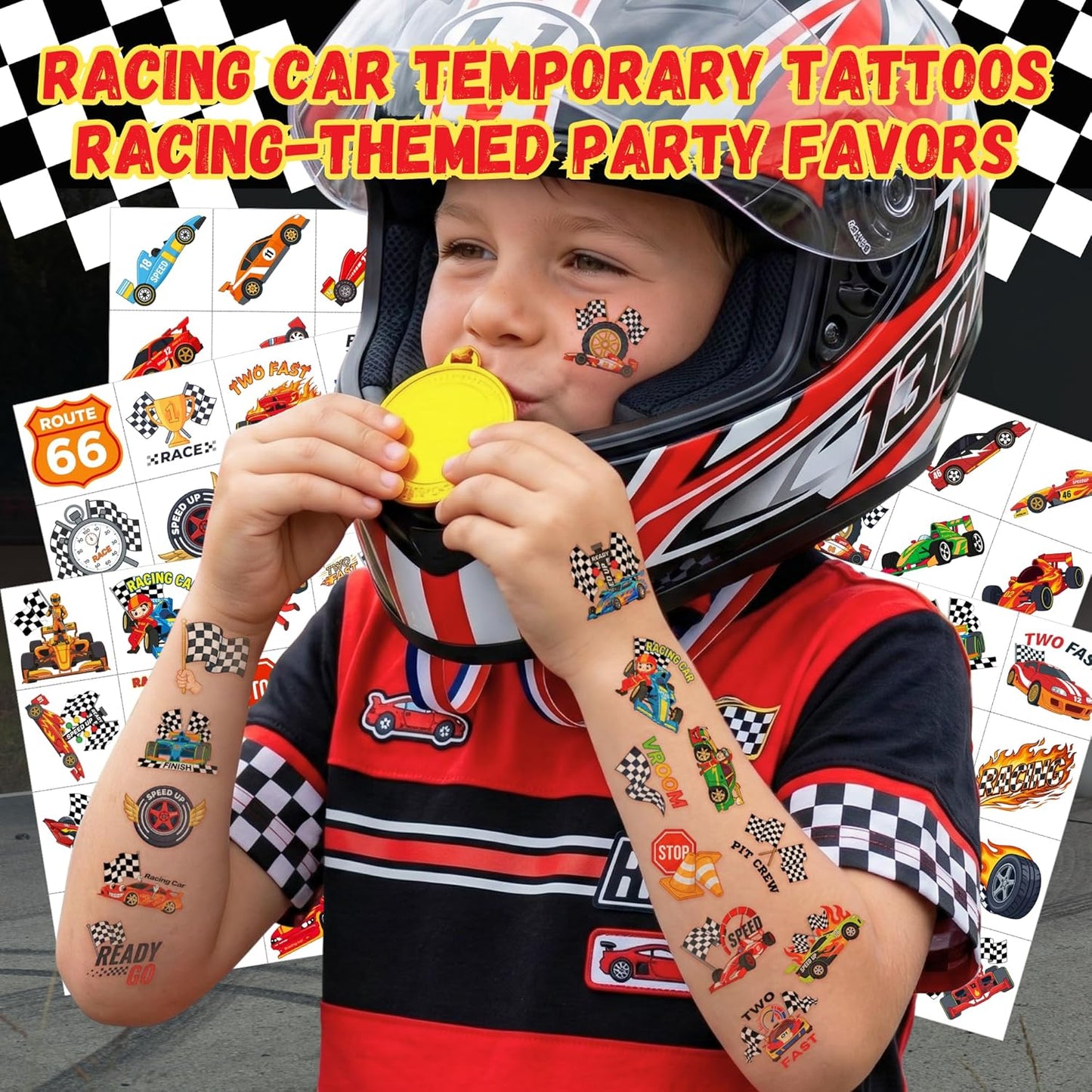 96PCS Racing Car Temporary Tattoos Stickers - Sport Racing Car Birthday Party Favors Themed Birthday Party Decorations Accessories Supplies Gift Idea For Kids Teens Adult Classroom Prizes Rewards