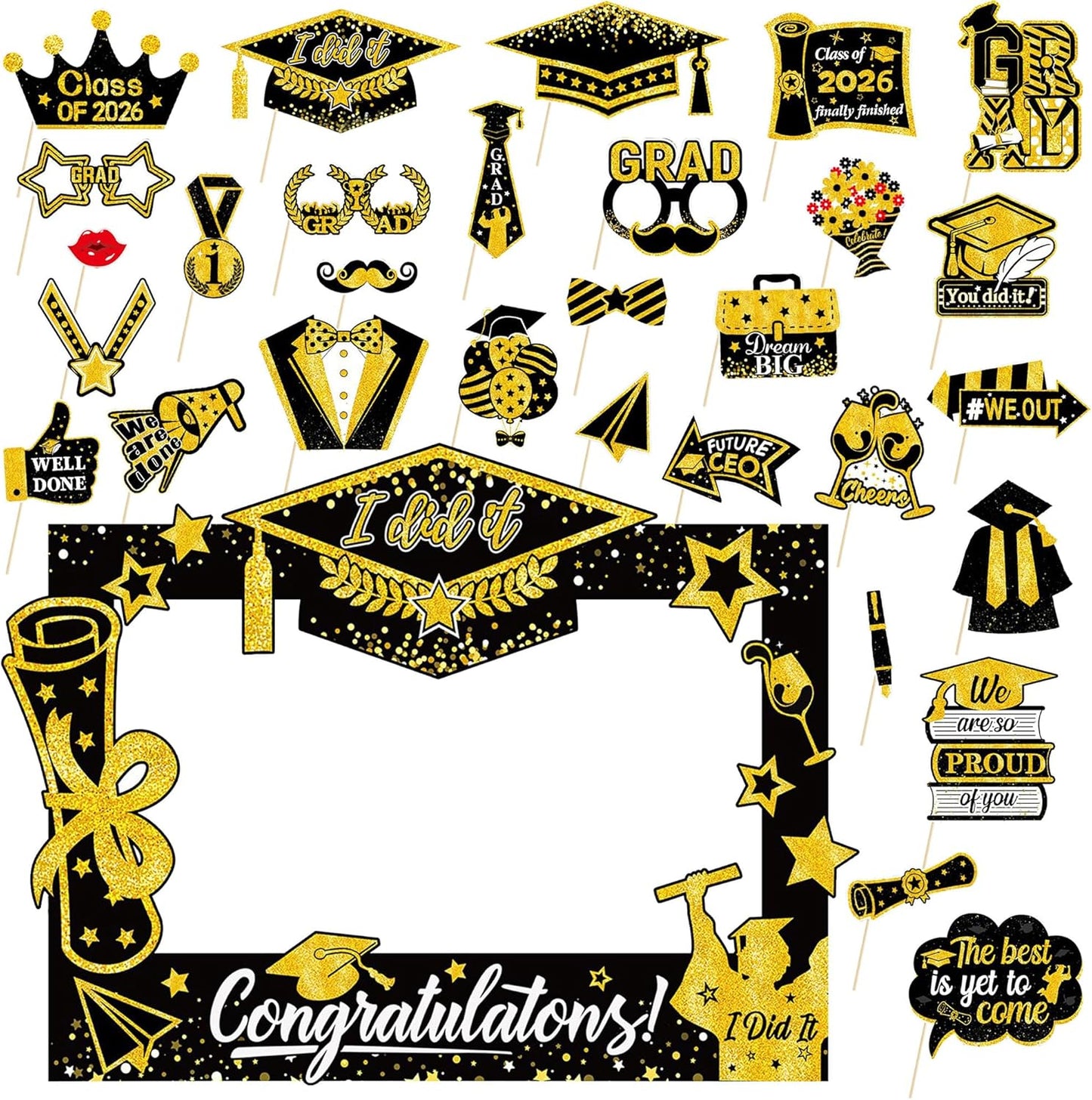 2026 Graduation Photo Booth Props & Selfie Frame Set, 30Pcs Black Gold Congrats Grad Party Photo Props with 1Pc Selfie Frame for Class of 2026 Graduation Decorations Party Supplies Gifts