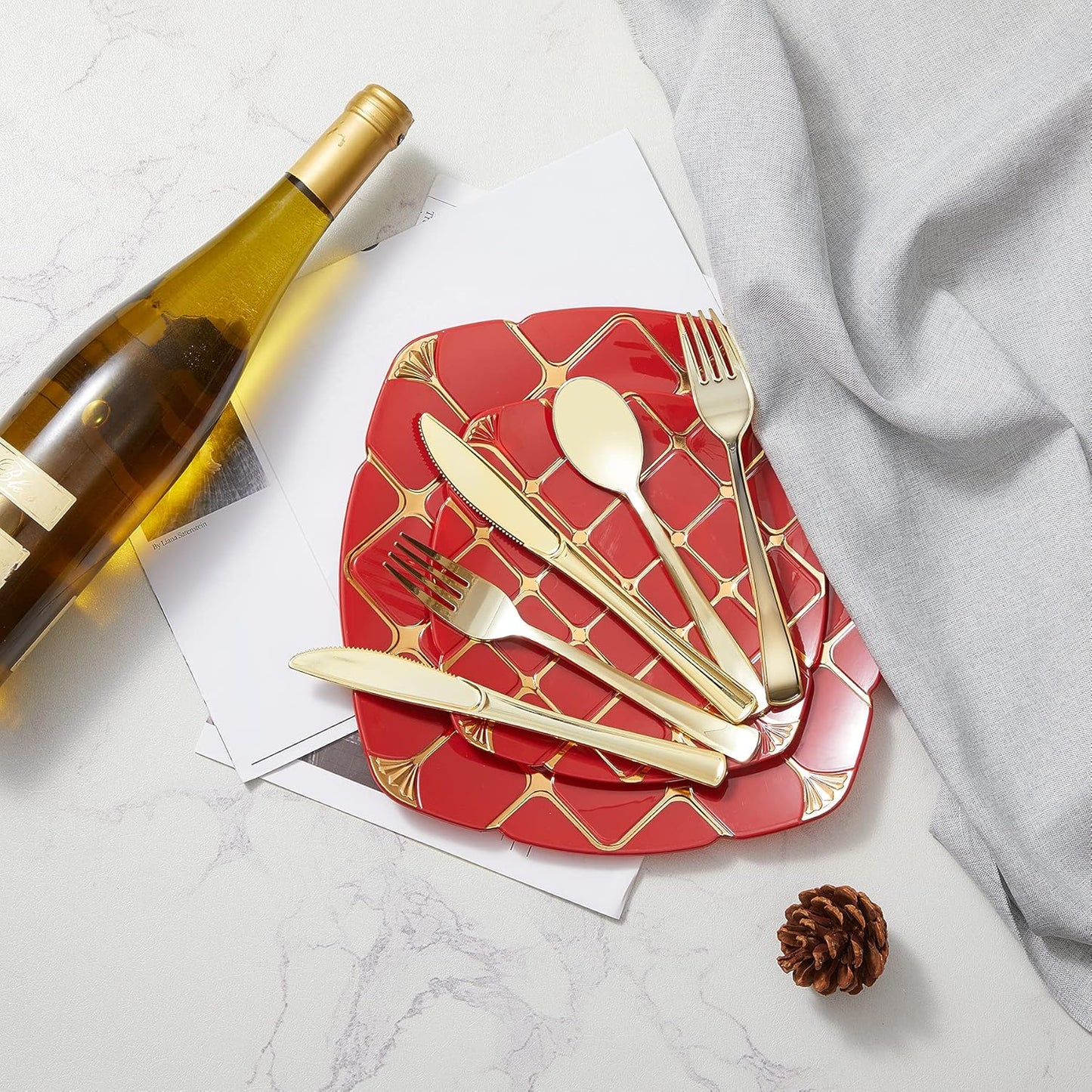 N9R 300PCS Gold Plastic Silverware, Heavy Duty Gold Plastic Cutlery Set Disposable Flatware Dinnerware, 100 Forks, 100 Spoons, 100 Knives, Perfect for Party, Wedding and Daily Use