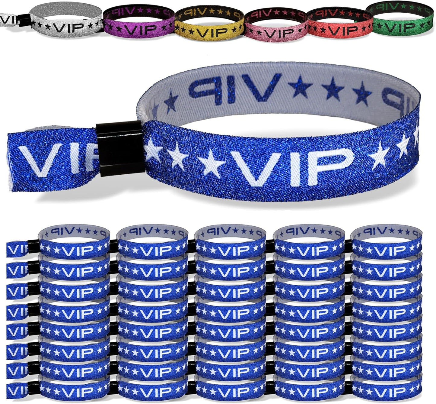 100 Pack Glitter Gold VIP Party Wristbands with Secure Locking Clip. Must Have Adjustable Sparkle VIP Wrist Bands for Events, Parties, Weddings and Festivals