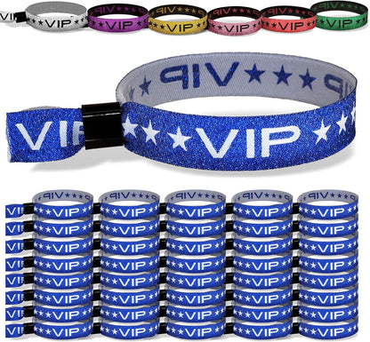 100 Pack Glitter Gold VIP Party Wristbands with Secure Locking Clip. Must Have Adjustable Sparkle VIP Wrist Bands for Events, Parties, Weddings and Festivals
