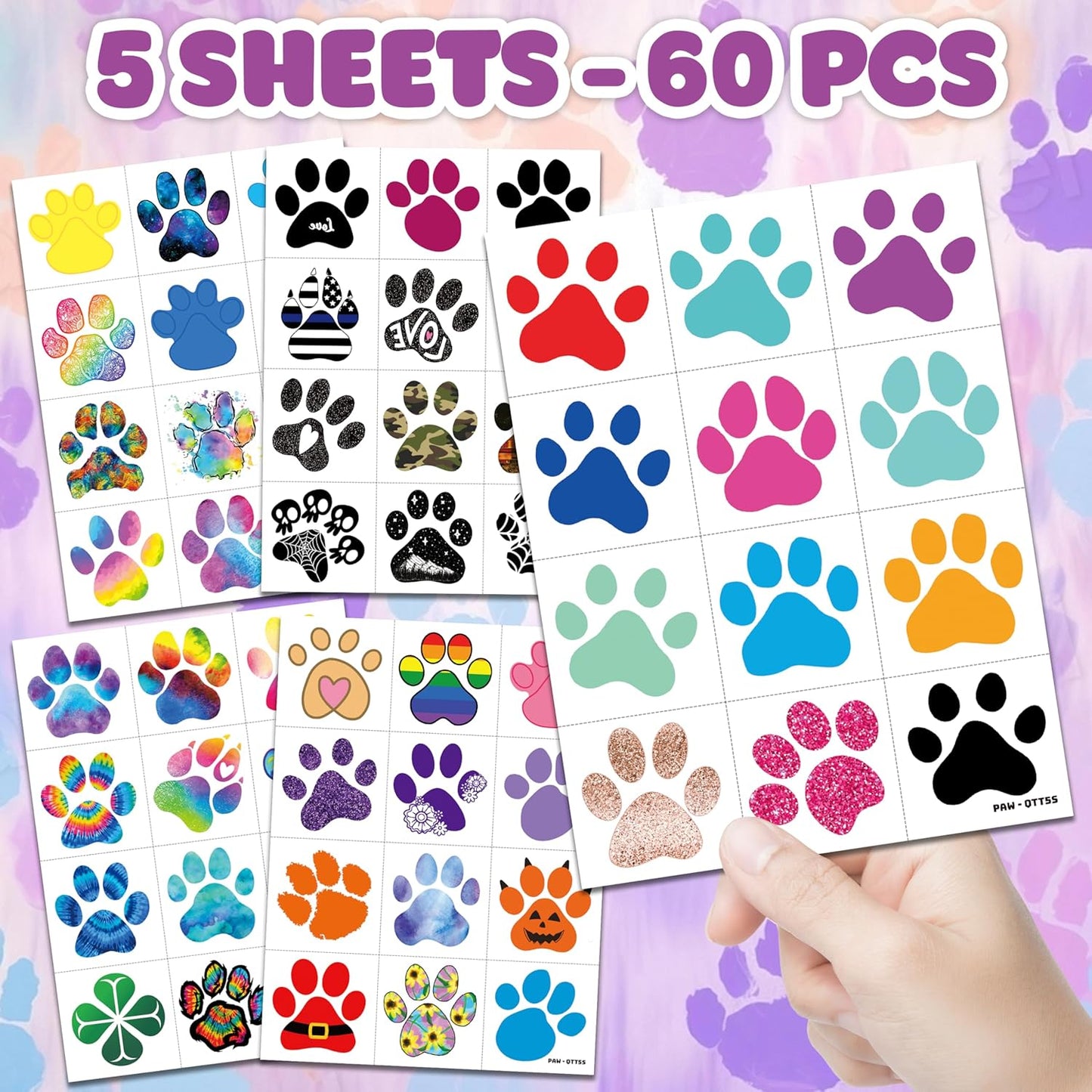 60 PCS Paw Print Temporary Tattoos for Kids - Pre-Cut Dog & Cat Animal Stickers | Perfect Party Favors, Birthday Decorations, Classroom Rewards & Goodie Bag Fillers for Boys & Girls