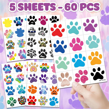 60 PCS Paw Print Temporary Tattoos for Kids - Pre-Cut Dog & Cat Animal Stickers | Perfect Party Favors, Birthday Decorations, Classroom Rewards & Goodie Bag Fillers for Boys & Girls