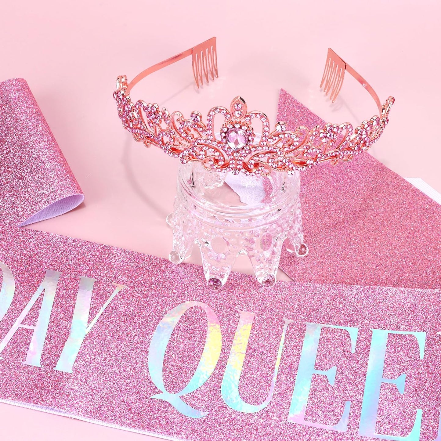 COCIDE Birthday Queen Sash & Rhinestone Tiara Set Gold Happy Birthday Crowns for Women Party Decoration Kit Rhinestone Headband for Women Glitter Crystal Hair Accessories for Cake Topper