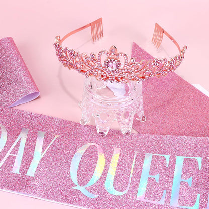 COCIDE Birthday Queen Sash & Rhinestone Tiara Set Gold Happy Birthday Crowns for Women Party Decoration Kit Rhinestone Headband for Women Glitter Crystal Hair Accessories for Cake Topper
